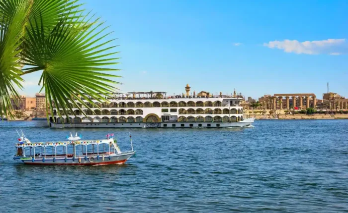 An airplane flying over Egypt, alongside a split view of the Giza Pyramids and a luxury Nile cruise boat, representing the flight-inclusive package.