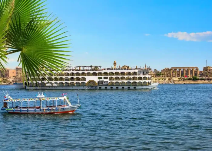 An airplane flying over Egypt, alongside a split view of the Giza Pyramids and a luxury Nile cruise boat, representing the flight-inclusive package.