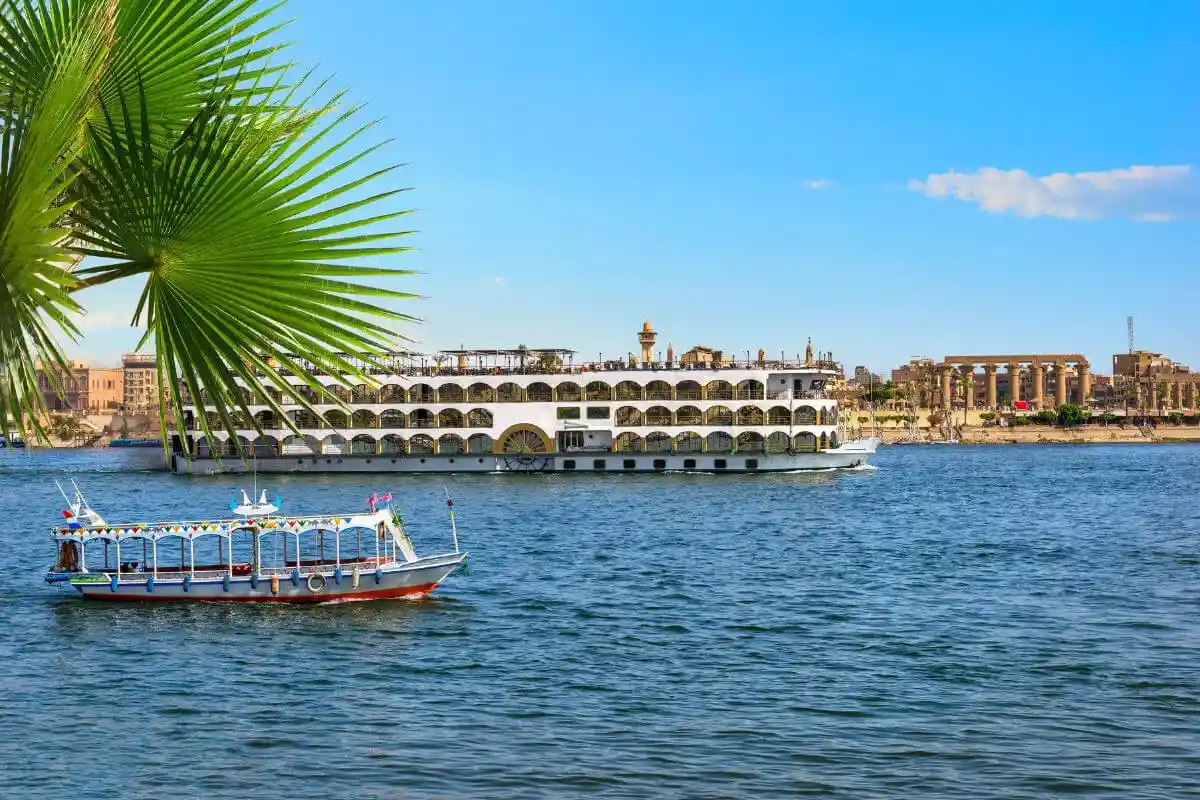 An airplane flying over Egypt, alongside a split view of the Giza Pyramids and a luxury Nile cruise boat, representing the flight-inclusive package.