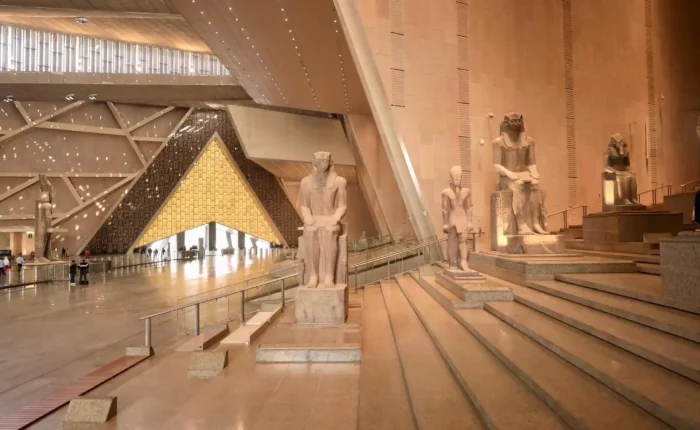 Panoramic view of the Giza Pyramids and the Grand Egyptian Museum, a perfect full-day private tour experience.