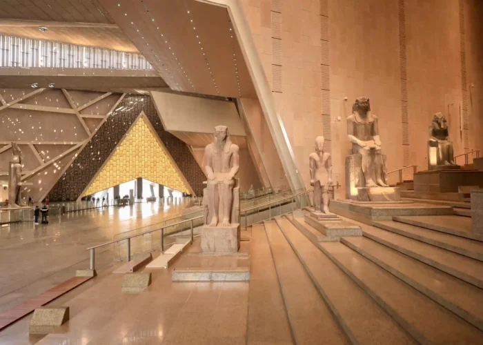 Panoramic view of the Giza Pyramids and the Grand Egyptian Museum, a perfect full-day private tour experience.