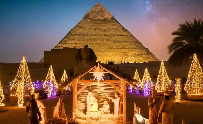 Christmas tree with the Great Pyramid of Giza in Cairo, Egypt