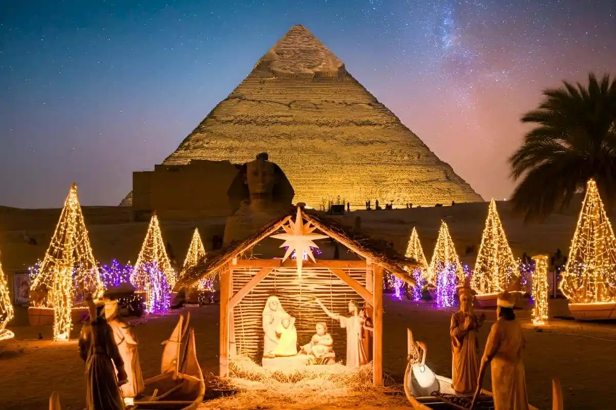 Christmas tree with the Great Pyramid of Giza in Cairo, Egypt Christmas tree with the Great Pyramid of Giza in Cairo, Egypt